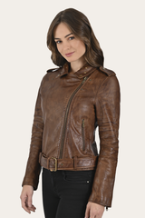 Women’s Tobacco Linc Biker Leather Jacket - Tobacco