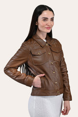 Women’s Medium Brown Callum Trucker Leather Jacket - Medium Brown