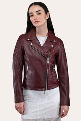 Women’s Oxblood Oklahoma Nappa Leather Biker Jacket - Oxblood
