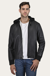 Men’s Black Saddle Racer Leather Hooded Jacket - Black
