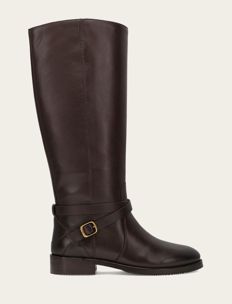 Women's Dark Brown Melissa Belted Riding Wide Calf Boot - Dark Brown