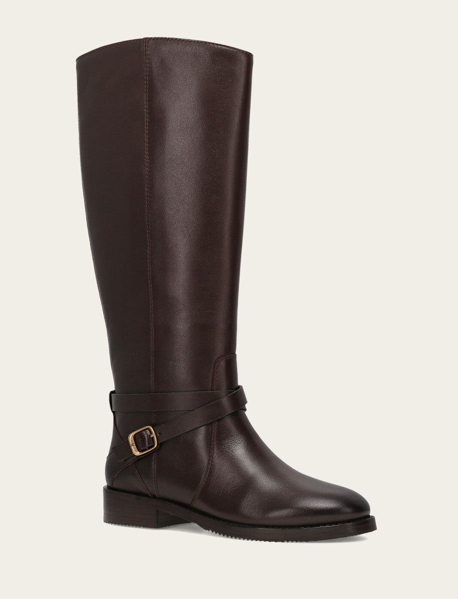 Women's Dark Brown Melissa Belted Riding Wide Calf Boot - Dark Brown