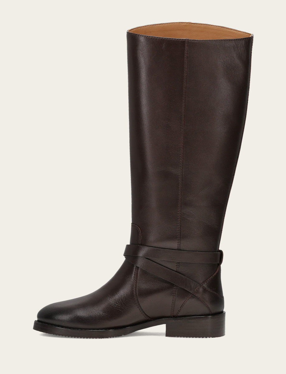 Women's Dark Brown Melissa Belted Riding Wide Calf Boot - Dark Brown
