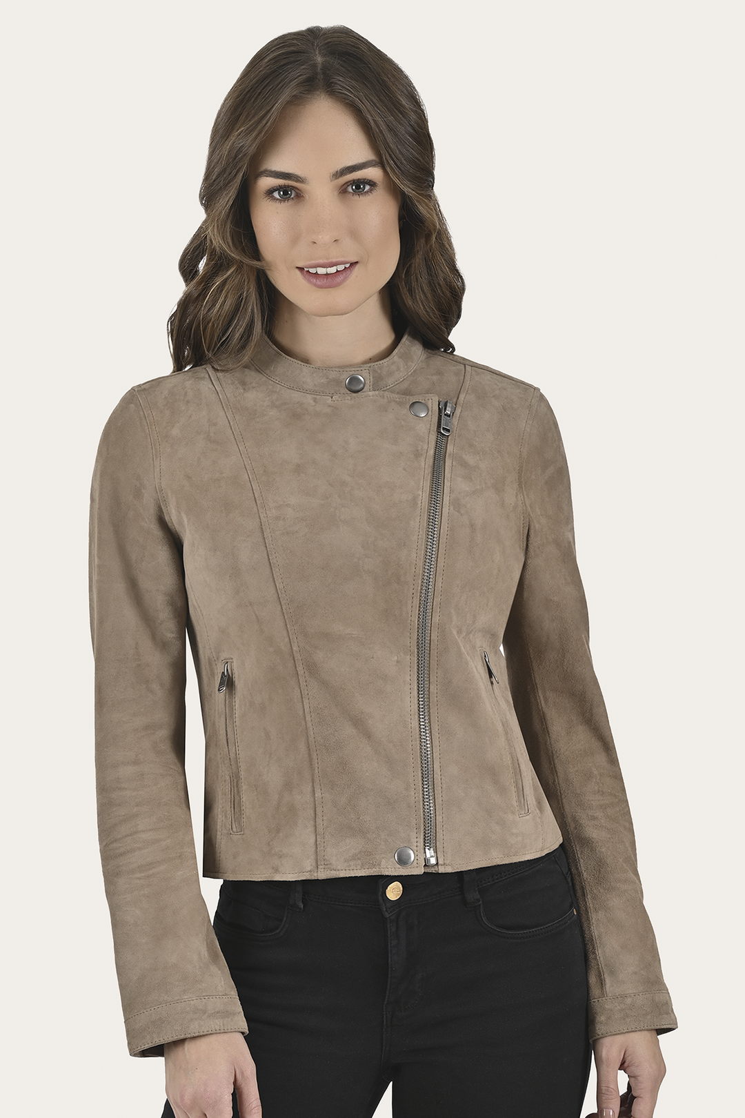 Women’s Taupe Jace Hybrid Biker Racer Suede Jacket - Taupe