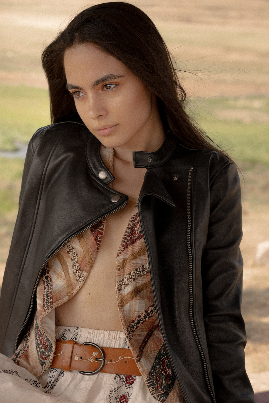 Women’s Black Heathe Leather Racer Jacket - Black