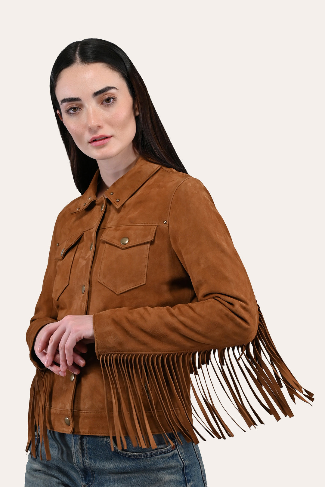 Women’s Medium Brown Nash Fringed Suede Trucker Jacket - Medium Brown