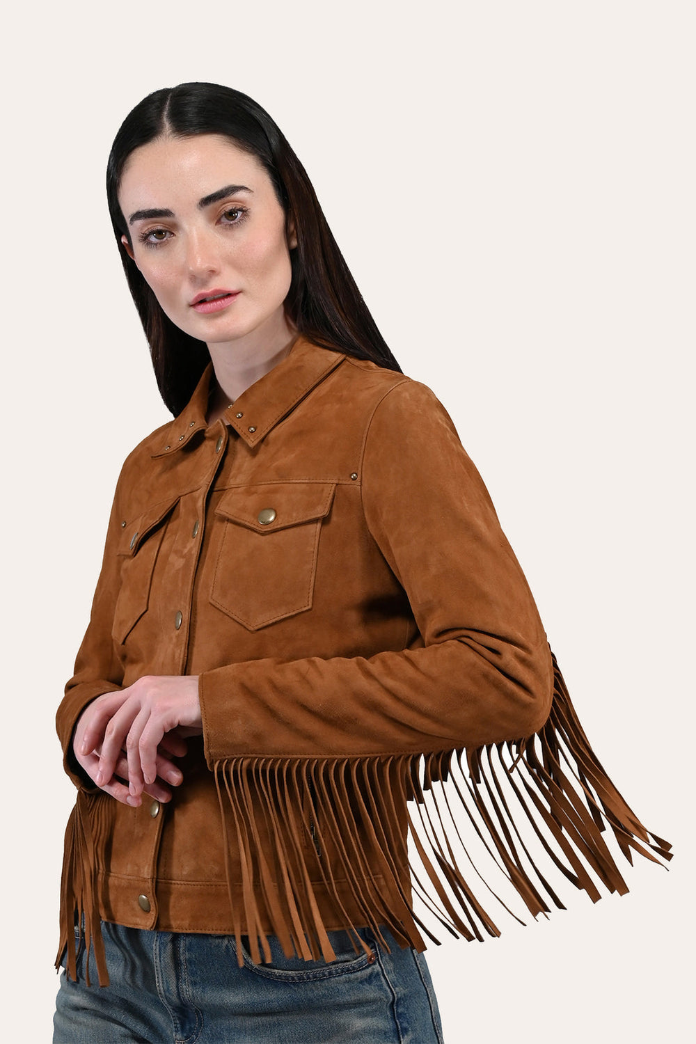 Women’s Medium Brown Nash Fringed Suede Trucker Jacket - Medium Brown
