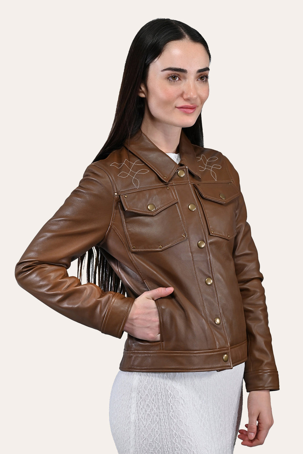 Women’s Medium Brown Callum Trucker Leather Jacket - Medium Brown