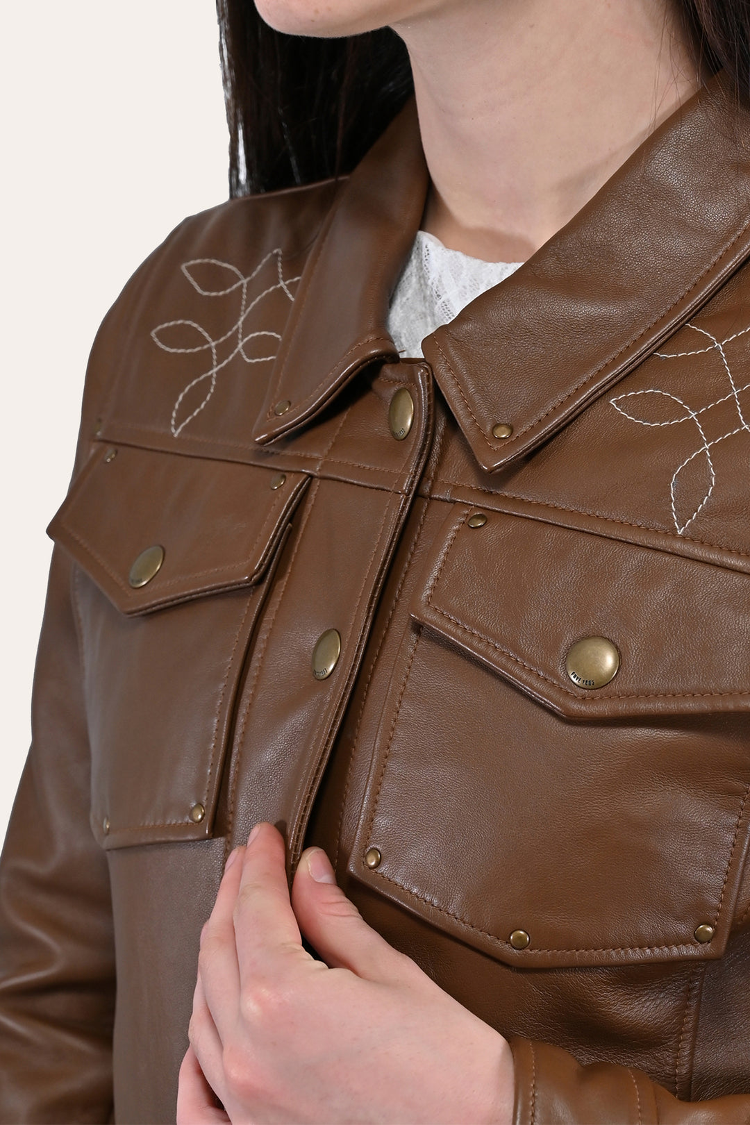 Women’s Medium Brown Callum Trucker Leather Jacket - Medium Brown