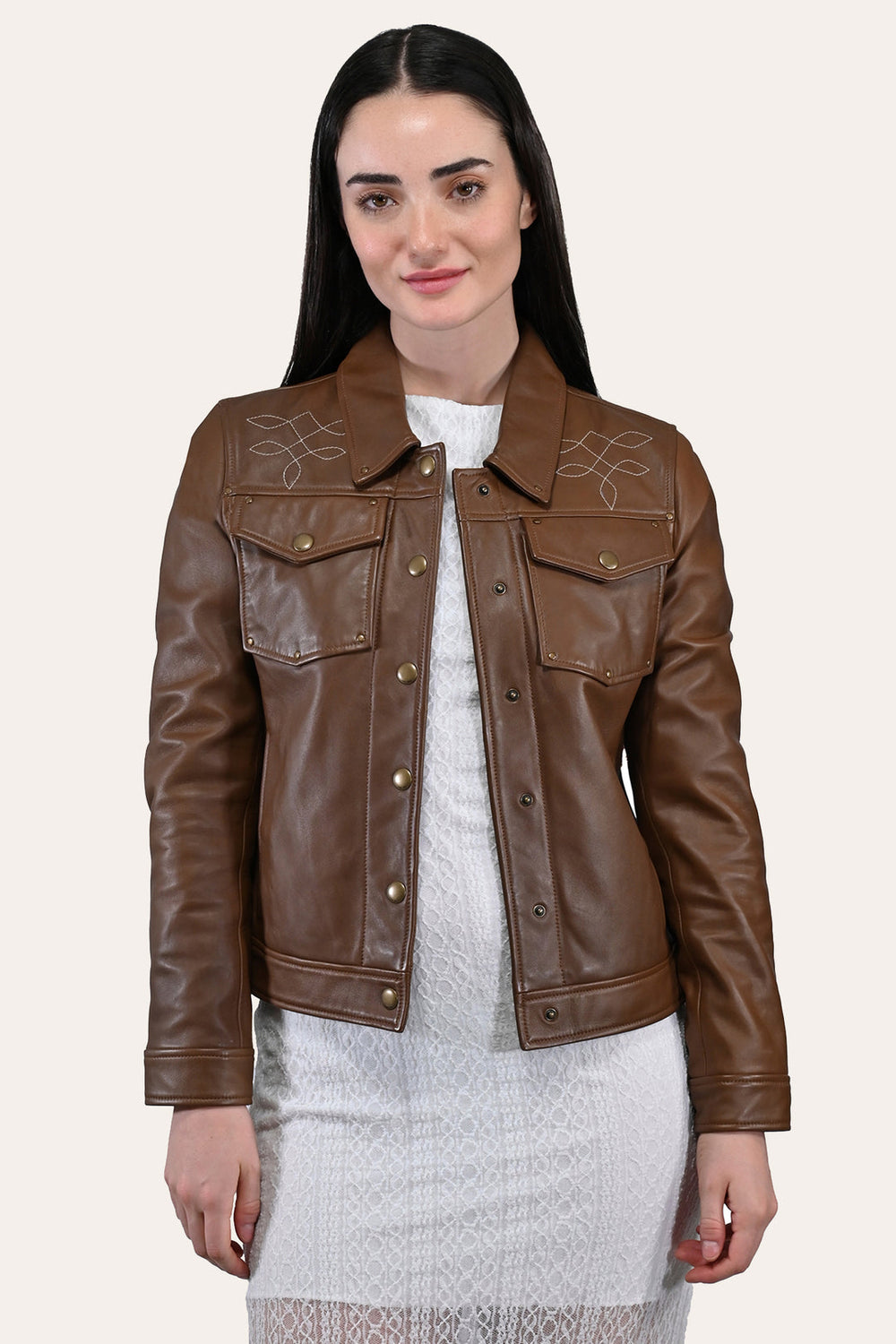 Women’s Medium Brown Callum Trucker Leather Jacket - Medium Brown