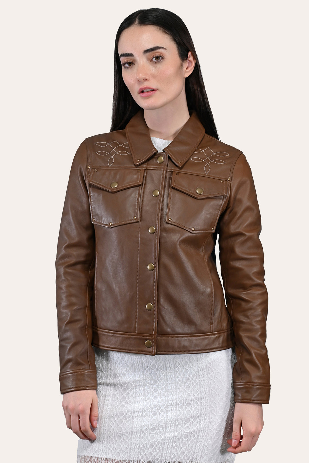 Women’s Medium Brown Callum Trucker Leather Jacket - Medium Brown