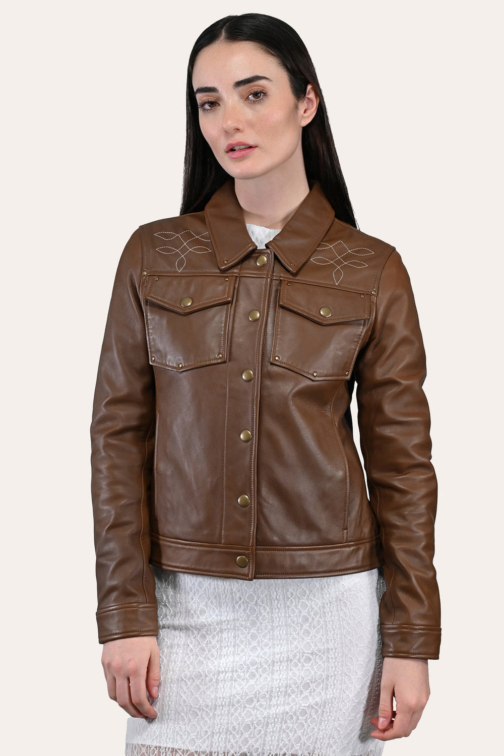 Women’s Medium Brown Callum Trucker Leather Jacket - Medium Brown