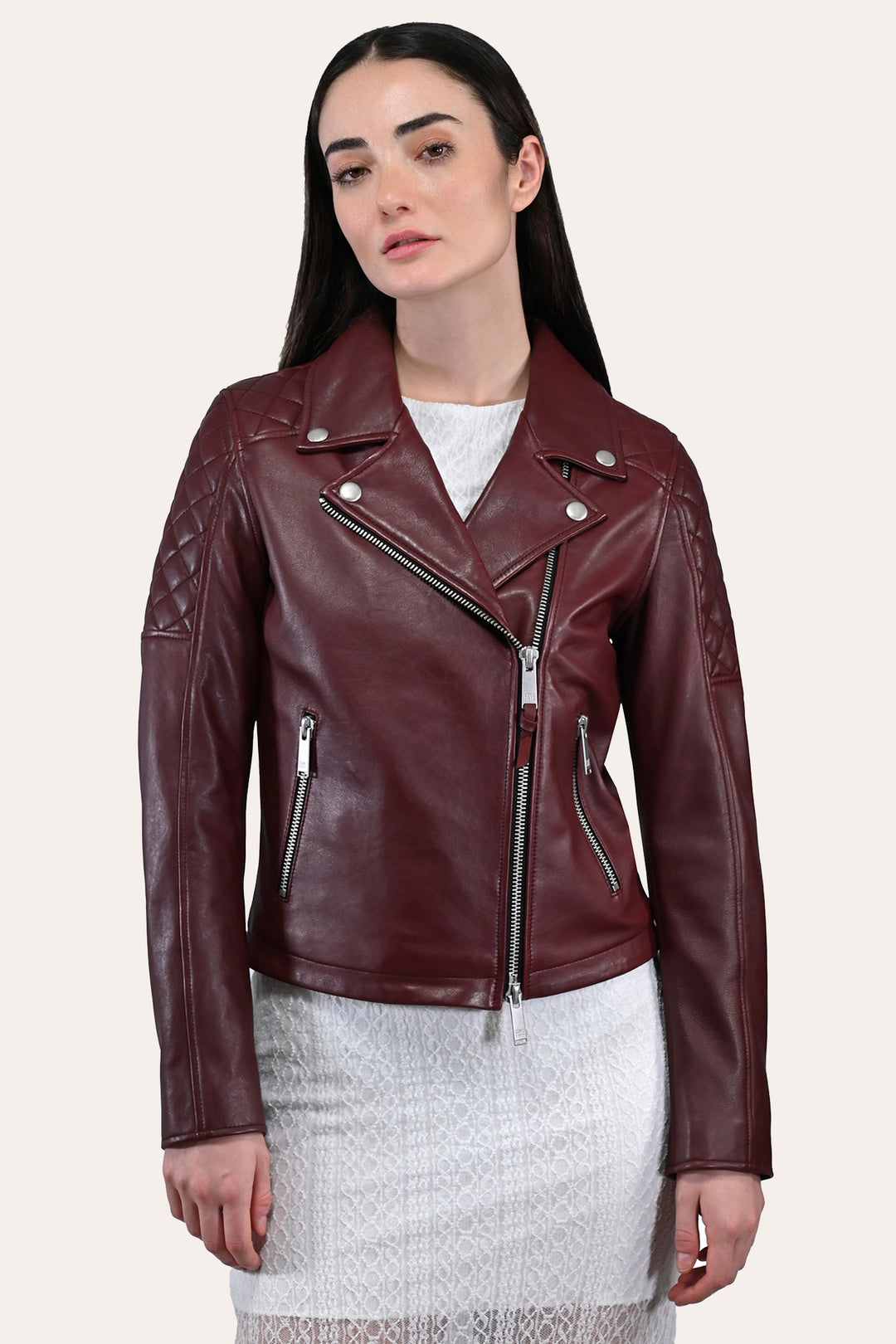 Women’s Oxblood Oklahoma Nappa Leather Biker Jacket - Oxblood