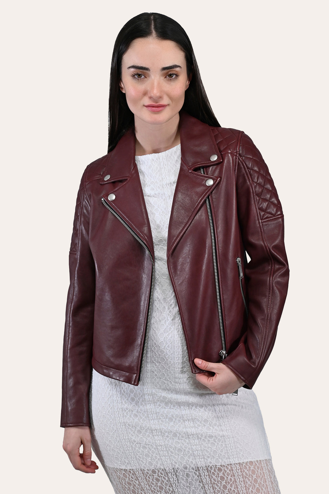 Women’s Oxblood Oklahoma Nappa Leather Biker Jacket - Oxblood
