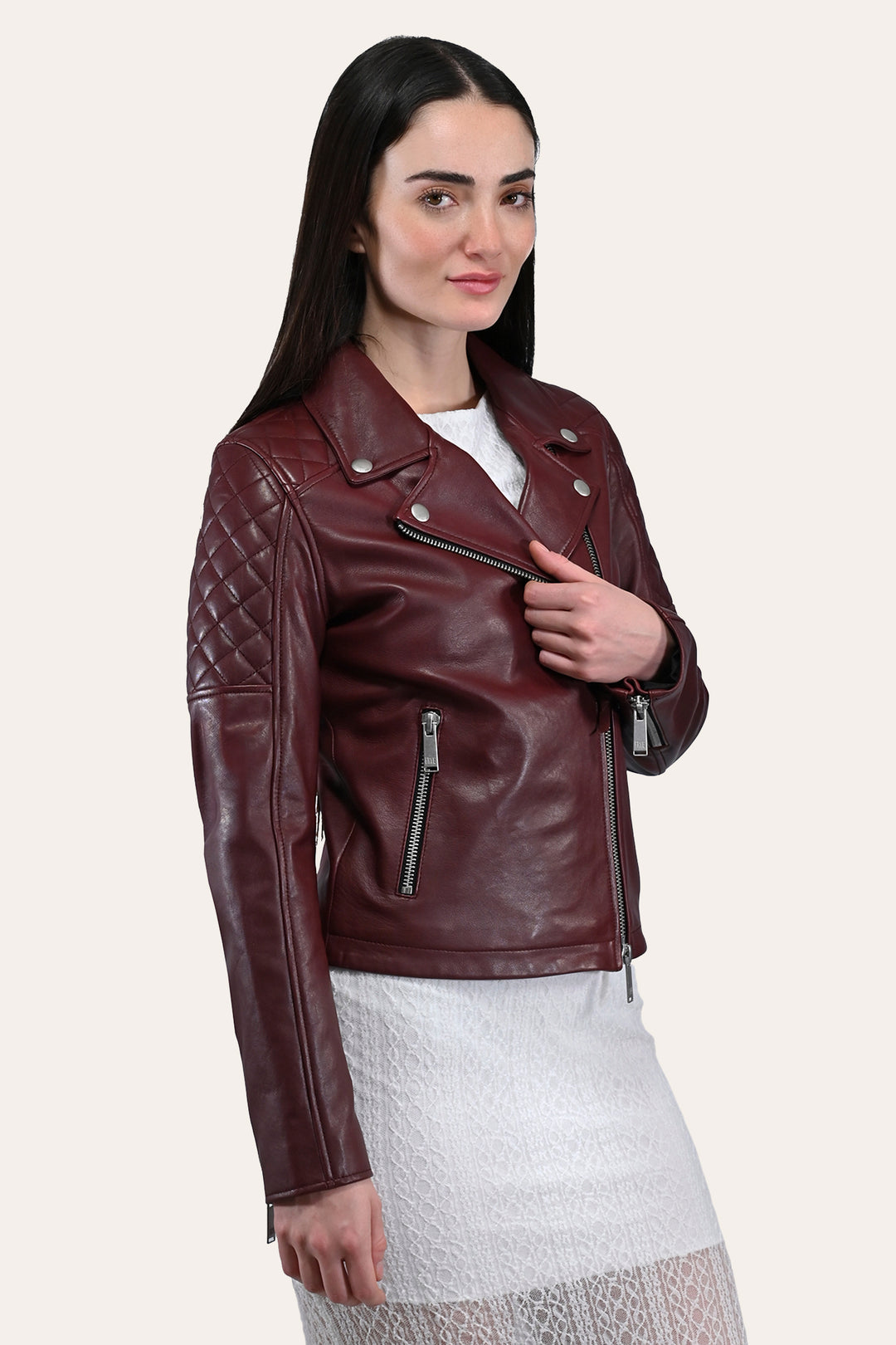 Women’s Oxblood Oklahoma Nappa Leather Biker Jacket - Oxblood