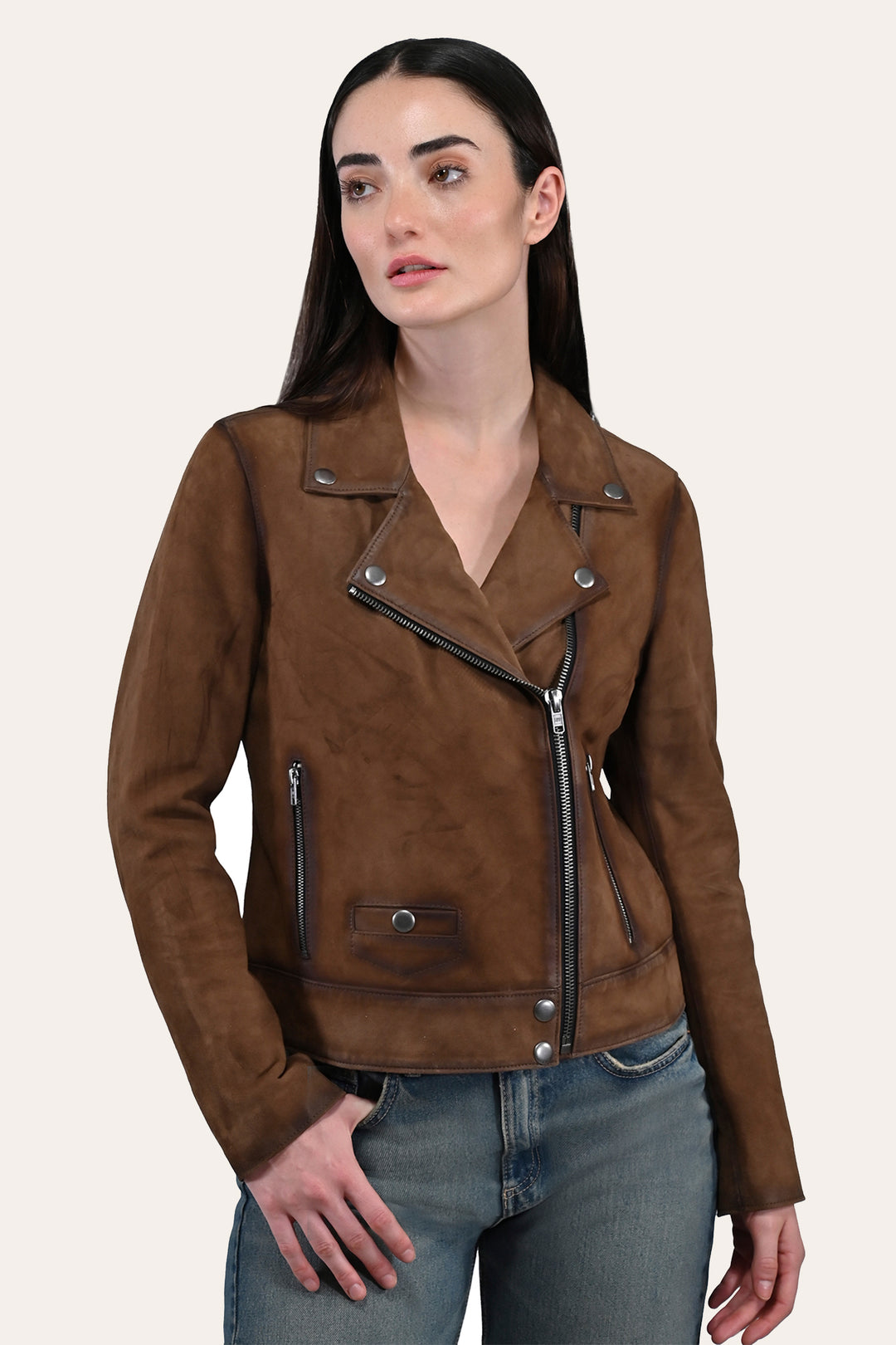 Women’s Dark Taupe Oakley Vintage Suede Biker Jacket - Dark taupe