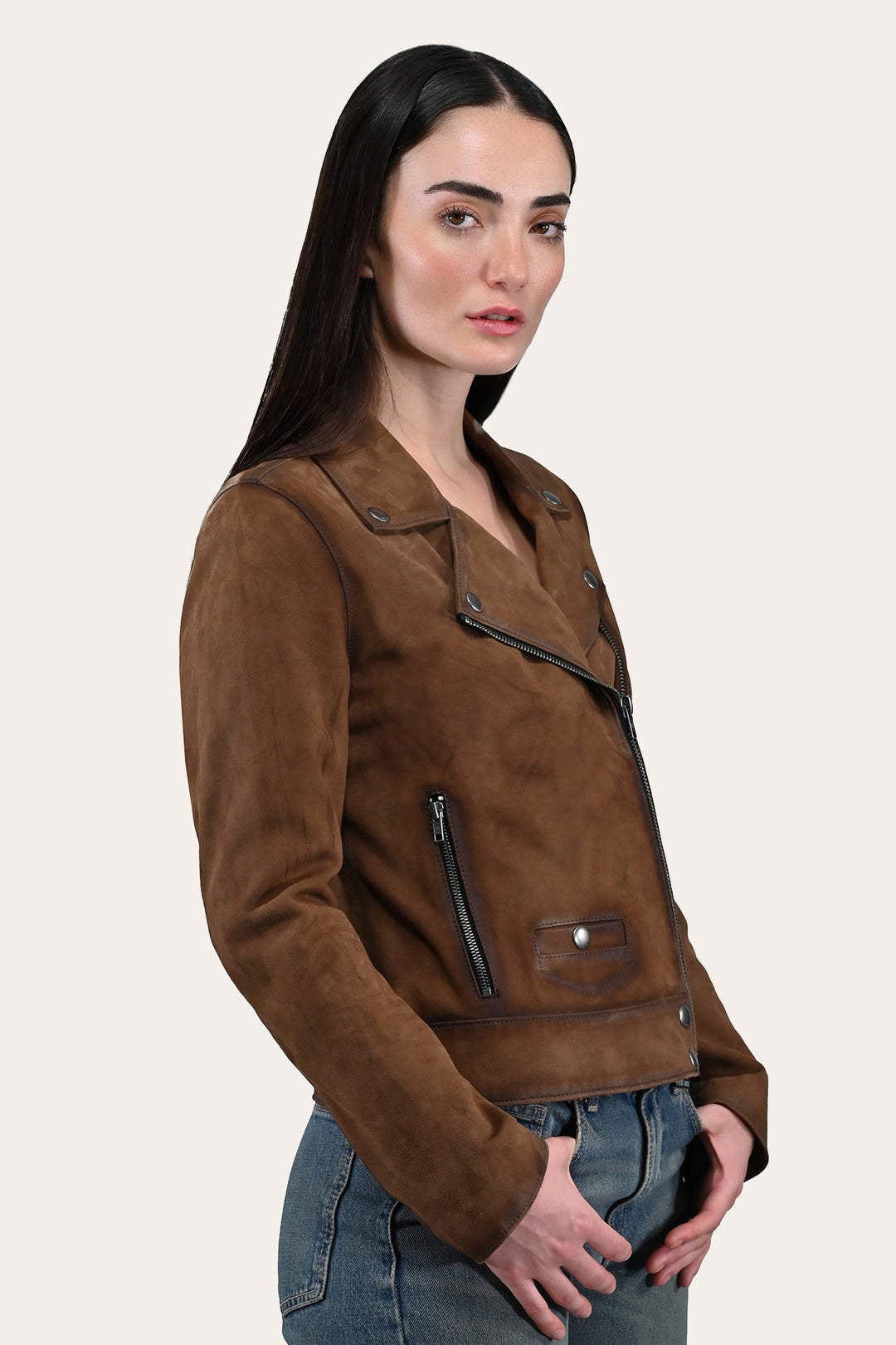 Women’s Dark Taupe Oakley Vintage Suede Biker Jacket - Dark taupe